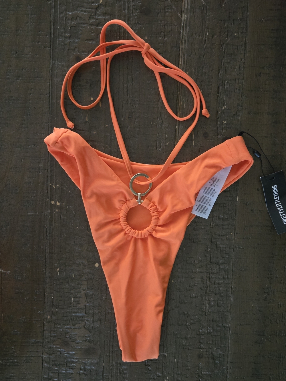 NWT PrettyLittleThing Orange Thong Bikini Bottom Size 4 Front Ring Tie Waist